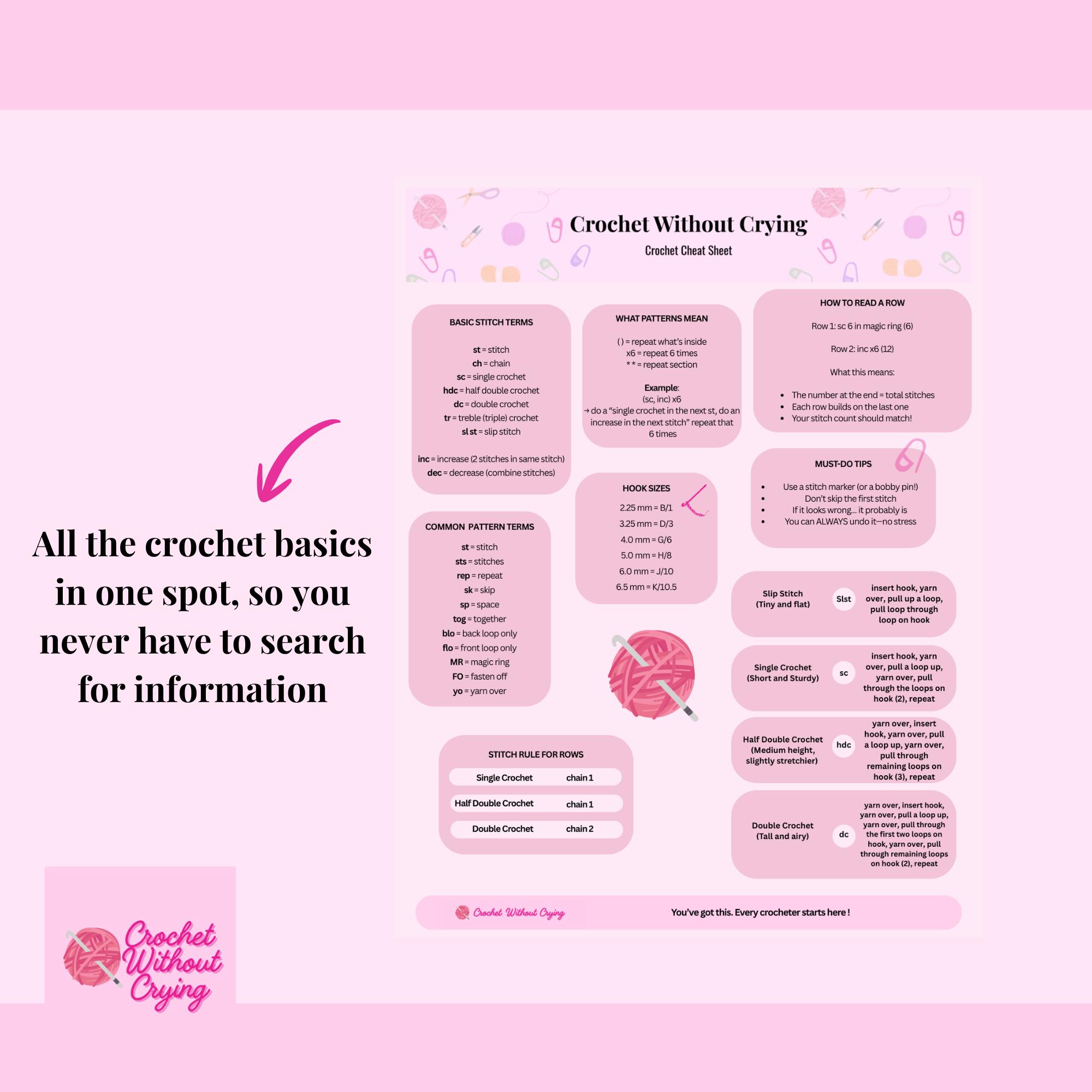 Beginner Crochet Cheat Sheet | Yarn Weights, Hook Sizes, Stitches ...