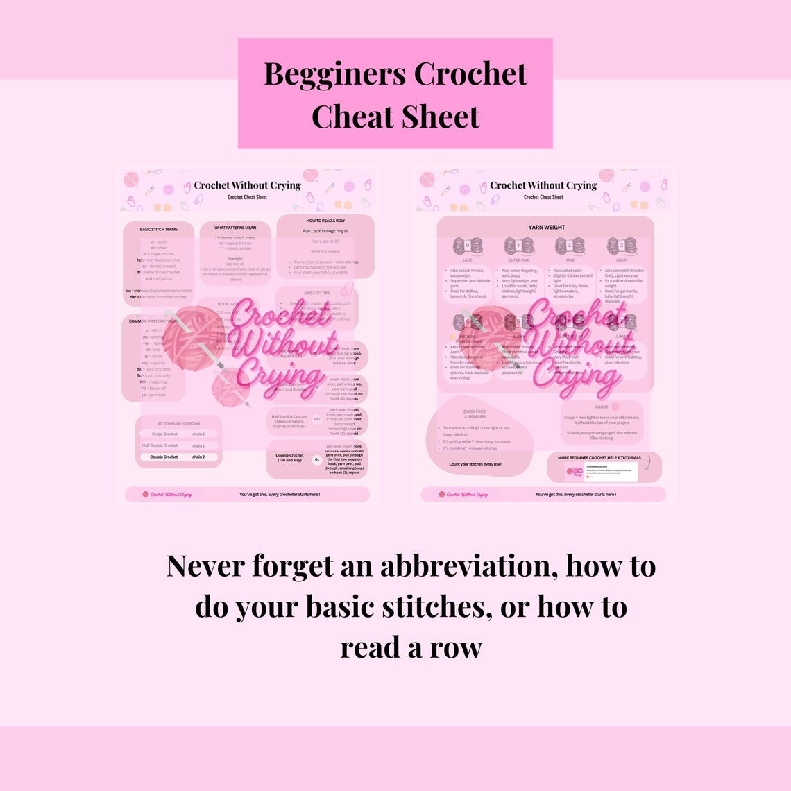Beginner Crochet Cheat Sheet | Yarn Weights, Hook Sizes, Stitches ...