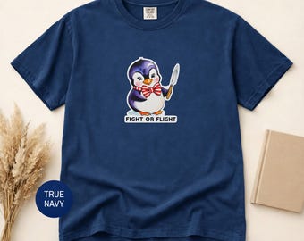 Penguin 'Fight or Flight' T-shirt | Funny Penguin Holding Knife, Pun Graphic