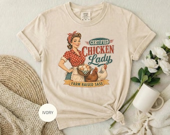 Certified Chicken Lady pinup T-shirt | Retro 1950s chicken eggs design