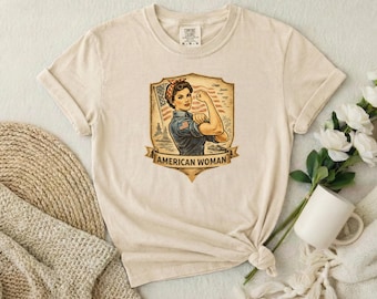 American Woman cartoon Rosie-style flexing woman T-shirt | 1940s WWII patriotic