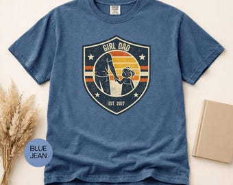 Customizable Girl Dad Retro Shield T-shirt | Dad Holding Daughter, Est Year