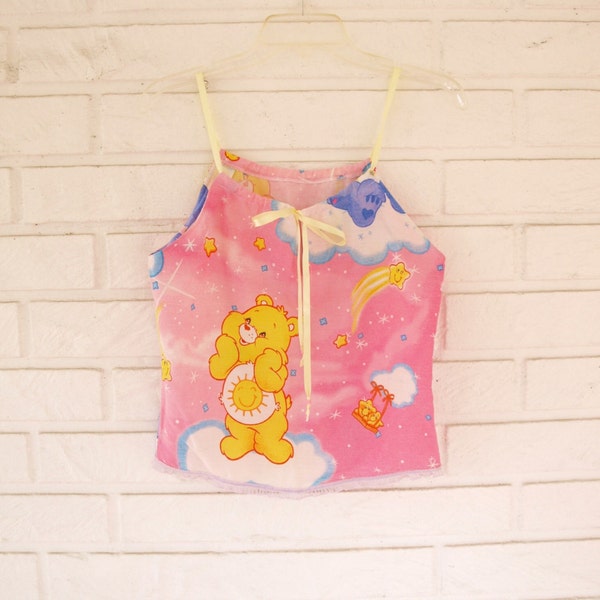 Handmade DIY pink care bears crop tank top with ribbon girls L or womens juniors size S or M