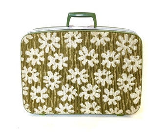 Vintage 60s rare Samsonite Daisy SUITCASE Fashionaire suit case carpet rug flower power LUGGAGE avocado green 70s mod retro vacation travel