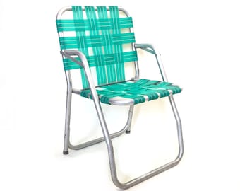 Vintage rare folding LAWN CHAIR 60s 70s aluminum portable green mid century modern retro patio outdoor camping furniture woven beach chair