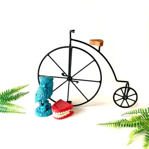 Vintage penny farthing BICYCLE SCULPTURE high wheel wheeler black wire Jere style bike art retro home decor old fashion black wire wood seat