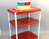 Vintage 50s red white rolling metal kitchen cart storage shelf bar utility mod retro home decor mid century modern table stand cosco