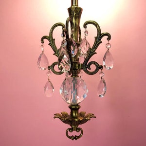 Vintage 70s hanging swag LAMP brass crystal prism mini chandelier Plug in chain pendant light retro home decor Hollywood Regency mid century