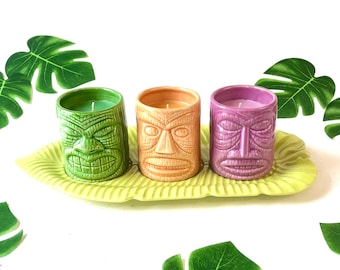 Vintage TIKI CANDLES set 3 colorful scented ceramic retro home decor mid century modern kitsch Hawaiian style totem boho housewarming gift