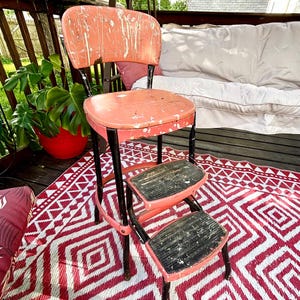 Vintage 40s 50s COSCO CHAIR step stool pink folding metal seat mid century modern farmhouse retro distressed kitchen pull out MCM furniture