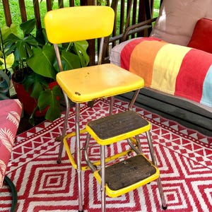 Vintage 60s yellow COSCO CHAIR step stool ladder folding metal seat mid century modern farmhouse retro kitchen pull out MCM furniture chrome