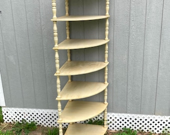 Vintage 83" tall CORNER SHELF rustic Etagere wood turned spindle display distressed shelving Cottage retro home decor 70s large storage unit