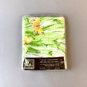 Vintage 70s Bibb BED SHEET twin bedding flat 66x104 green orange BUTTERFLY Spring meadow floral retro boho fabric Sealed new old stock nos