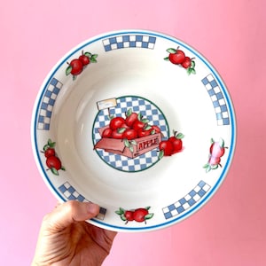 Op de afbeelding: Witte keramische kom met een blauw-witte geblokte rand en appelillustraties. Het midden toont een doos met rode appels met het woord "APPLE". De kom wordt tegen een roze achtergrond gehouden.