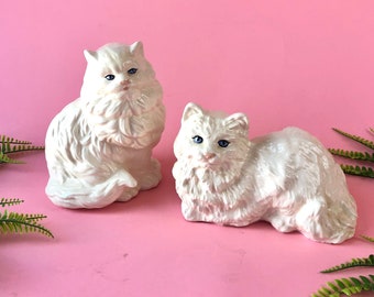 Vintage pair of 2 ceramic CATS cat statue White fluffy Persian kitten retro home decor mid century modern kitsch art set large figures pets
