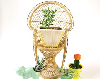 Vintage 70s rattan wicker peacock chair miniature size mini plant stand succulent holder boho retro home decor patio display doll furniture