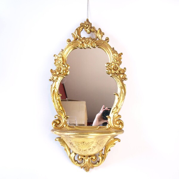 Vintage 70s ornate gold French style shabby chic Hollywood Regency mid century modern curvy floral mirror shelf wall hanging home Decor