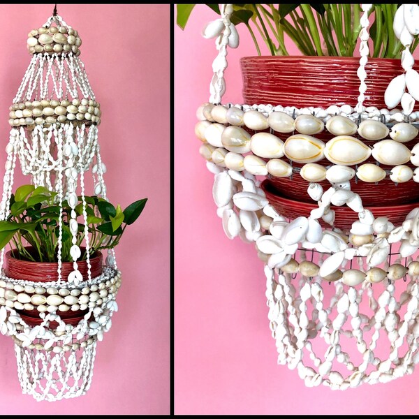 Vintage jaren '70 zeeschelp macrame PLANT HANGER retro home decor boho sappige hangende plantenbak hippie kleine kroonluchter halverwege de eeuw tiki 24" hoog