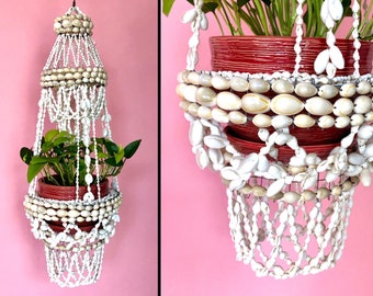 Vintage 70s sea shell macrame PLANT HANGER retro home decor boho succulent hanging planter hippie small chandelier mid century tiki 24" tall