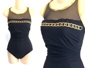 Vintage 90s womens SWIMSUIT black and gold embroidered chain mesh swim bathing suit plus size XL extra large cut out 16 18 mod slimming