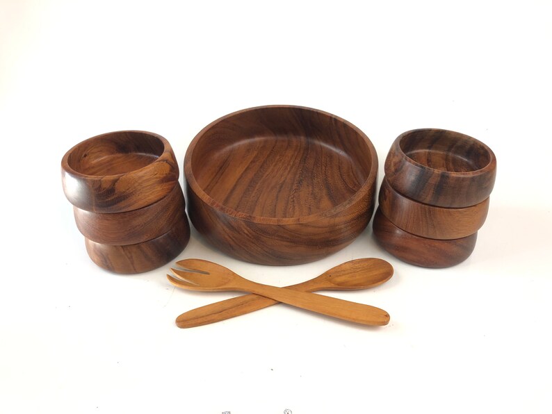 Vintage 60s Wooden 8 Piece Salad Bowl Set With Tongs Danish Image 0