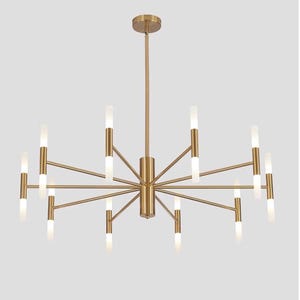 May include: A modern gold chandelier with multiple arms extending from a central hub. Each arm holds a cylindrical light fixture with a frosted glass appearance. The fixture is designed for ceiling mounting and provides ambient lighting.