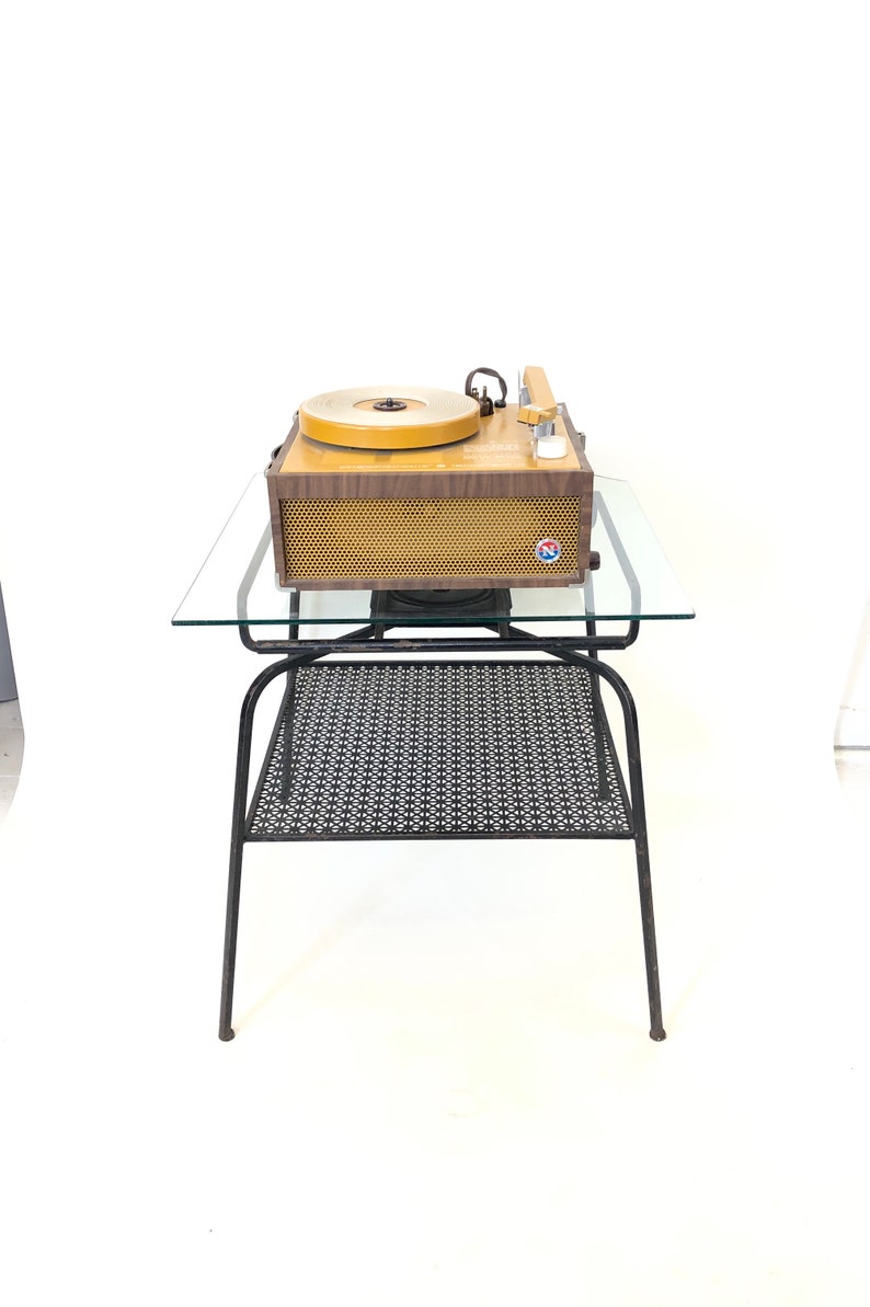Vintage 50s black metal wire mesh TV stand end table plant shelf adjustable record player swivel top mid century modern retro furniture
