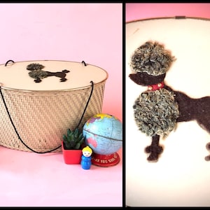 Vintage princess POODLE BASKET ivory wicker sewing basket oval round mid century kitsch dog retro 50s hair accessories case purse tote box