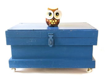 Vintage blue CHEST wooden trunk rolling storage bin with wheels foot locker old distressed wood box retro home decor rustic mid century mod