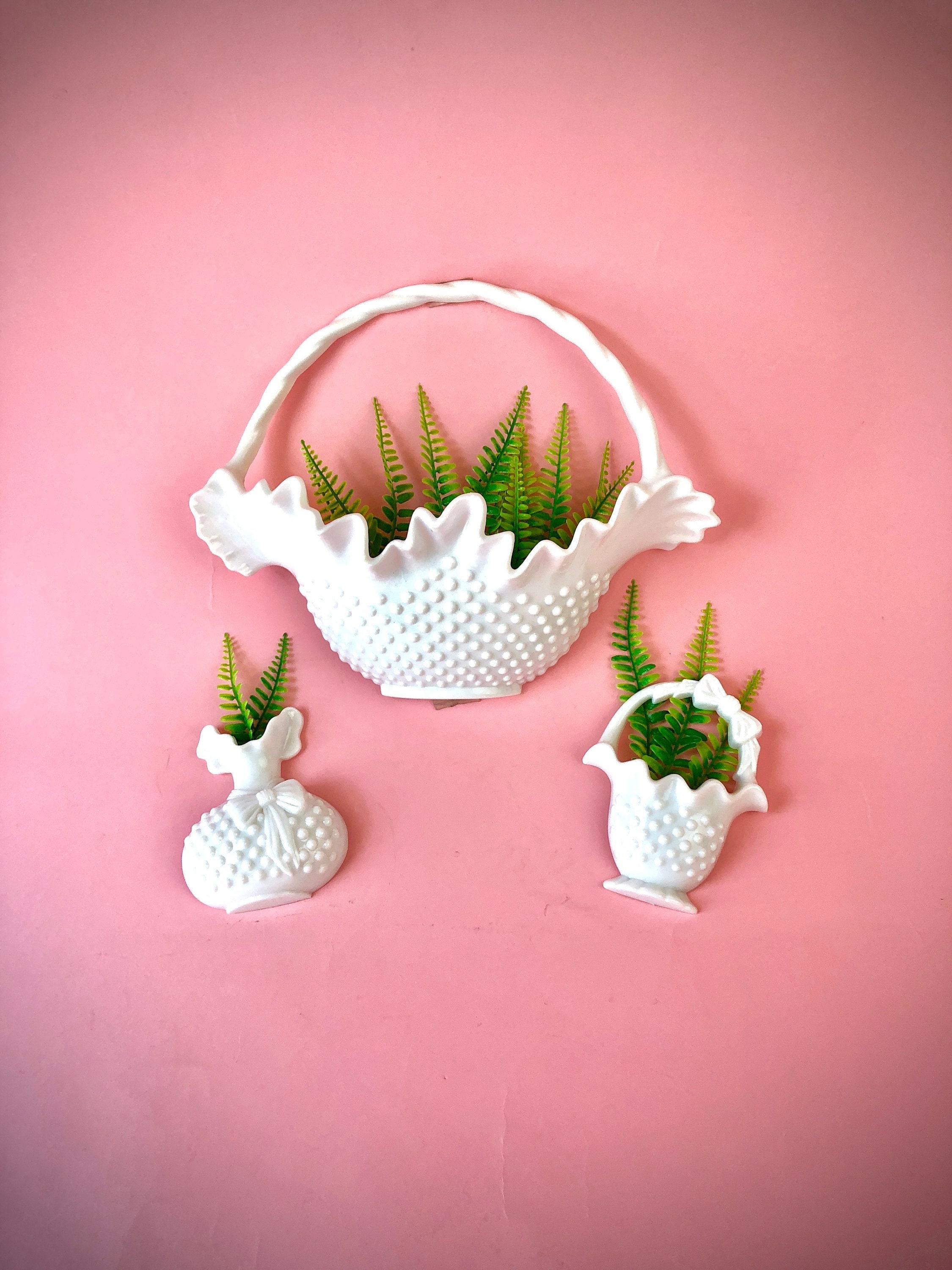 3 vintage WALL POCKET set white hobnail plastic faux milk glass hanging baskets retro home decor floral vase Burwood cottage core farmhouse