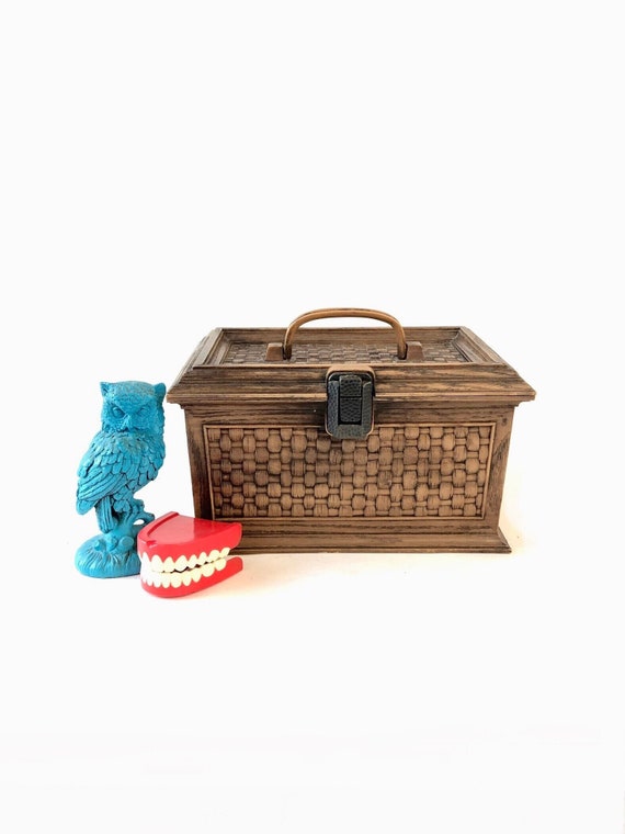 Vintage 70s Plastic SEWING BASKET Brown Lerner Brand Faux Wood