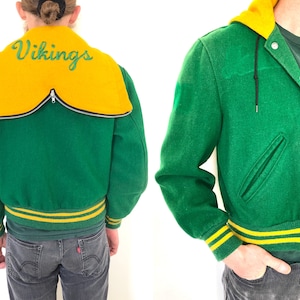 Vintage 70s 80s wool LETTER JACKET green Letterman coat green yellow retro striped varsity hooded Vikings womens size S/M or mens size xs/s