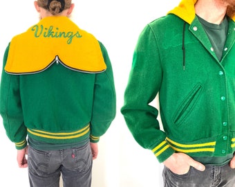 Vintage 70s 80s wool LETTER JACKET green Letterman coat green yellow retro striped varsity hooded Vikings womens size S/M or mens size xs/s