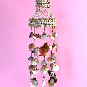 Vintage unique 19" SEASHELL hanging Canopy mobile wind chime Shell Hanger boho coastal retro 70s home decor cowrie chandelier wicker beach