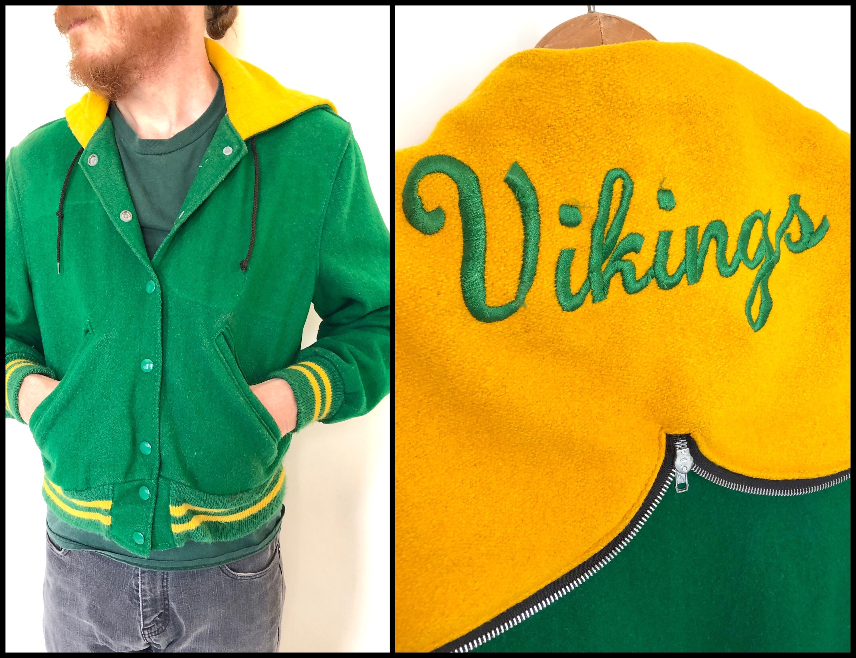 Vintage 70s 80s Wool LETTER JACKET Green Letterman Coat Yellow 