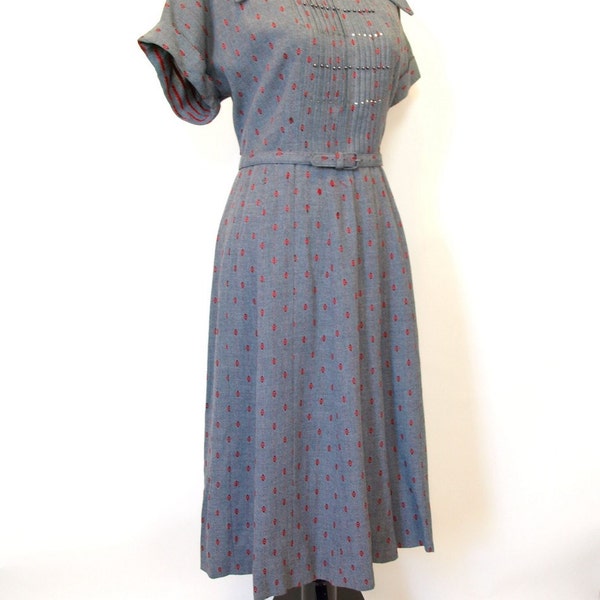 Vintage 40s 50s charcoal gray dress with embroidery beads and rhinestones size XL