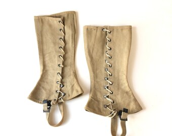 Vintage WWII Gaiters Boot COVERS spats military leggings WW2 era canvas khaki army guards lace up spats 1940s gaiters shoe protectors gear