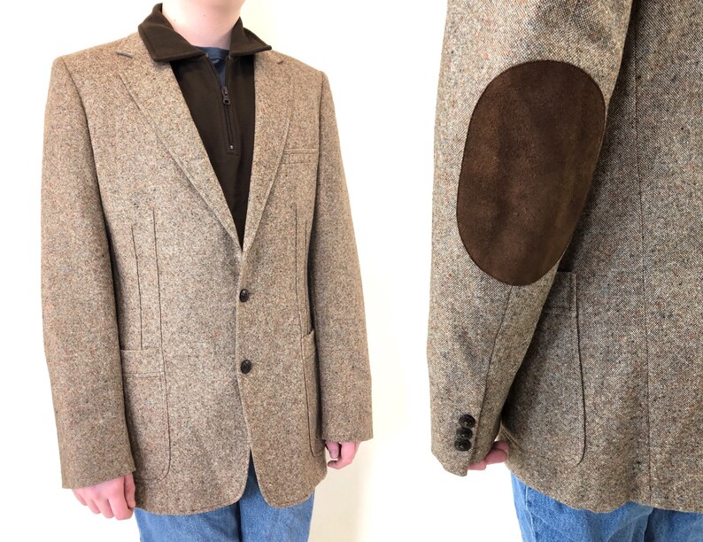 Vintage 70s Brown Tweed Mens Blazer Sport Coat With Suede Leather Elbow Patches Wool Mod Smoking Jacket Suit Size 42 44 Large L Tall Retro