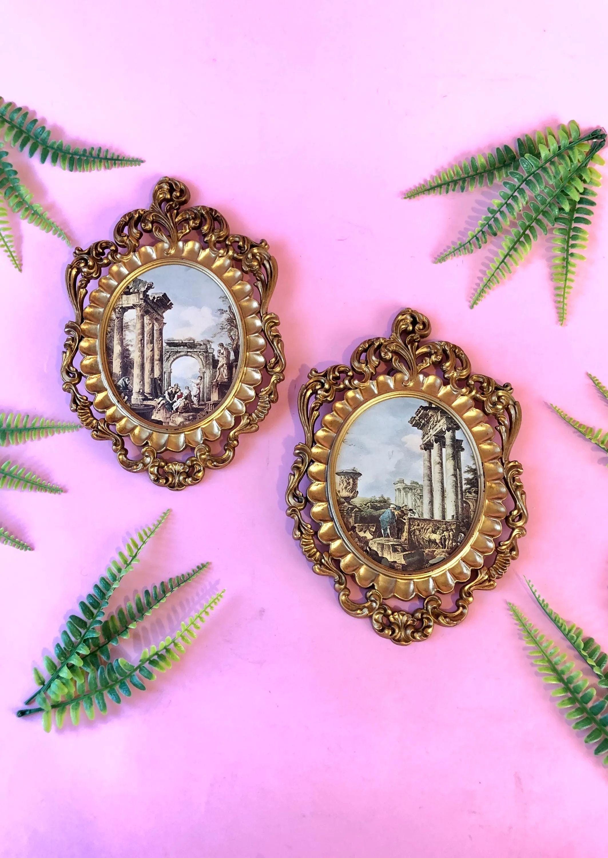 Vintage gold ornate 11" FRAMES Wall Hanging Art set Rome Greece prints retro boho home decor neutral Hollywood Regency mid century Italy