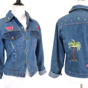 Vintage 70s denim JEAN JACKET embroidered retro 70s ladybug palm tree sun watermelon souvenir light spring womens top size Small S XS patch