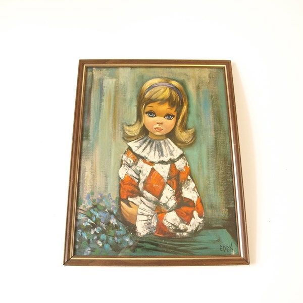 Vintage Eden 60s sad BIG EYES girl framed retro print wall hanging art