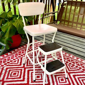 Vintage white COSCO CHAIR step stool ladder folding metal seat mid century modern style farmhouse retro kitchen pull out MCM furniture mod
