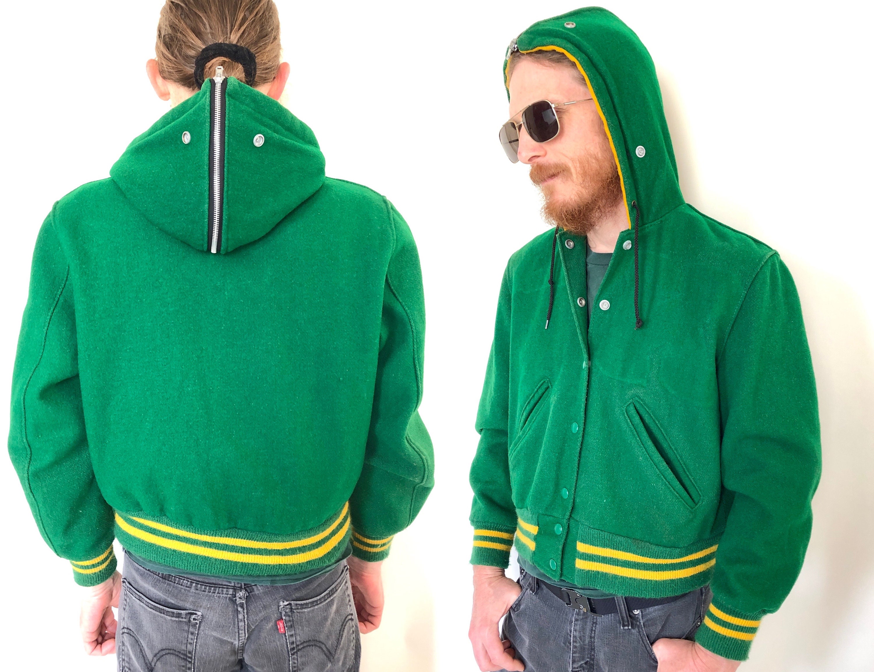 Vintage 70s 80s Wool LETTER JACKET Green Letterman Coat Yellow 