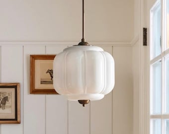 vintage 10" art deco style MILK GLASS Pendant white Light FIXTURE downrod ceiling lamp antique gold retro home decor mid century farmhouse