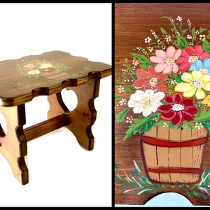 Vintage small wooden STEP STOOL hand painted folk art farmhouse hearts Flowers plant stand riser cottage core retro home decor footstool 80s