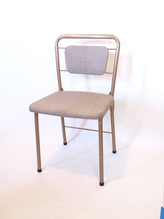 Vintage 50s 60s Mid Century Modern Taupe Cosco Folding Chair Card Table Extra Seating Dining Room Metal Vinyl Stacking Seat