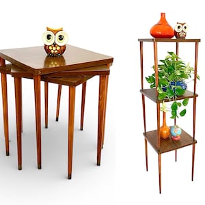 May include: A set of three nesting tables with a dark wood finish and tapered legs. An owl figurine sits atop the largest table. A three-tiered plant stand with a similar wood finish is also shown.
