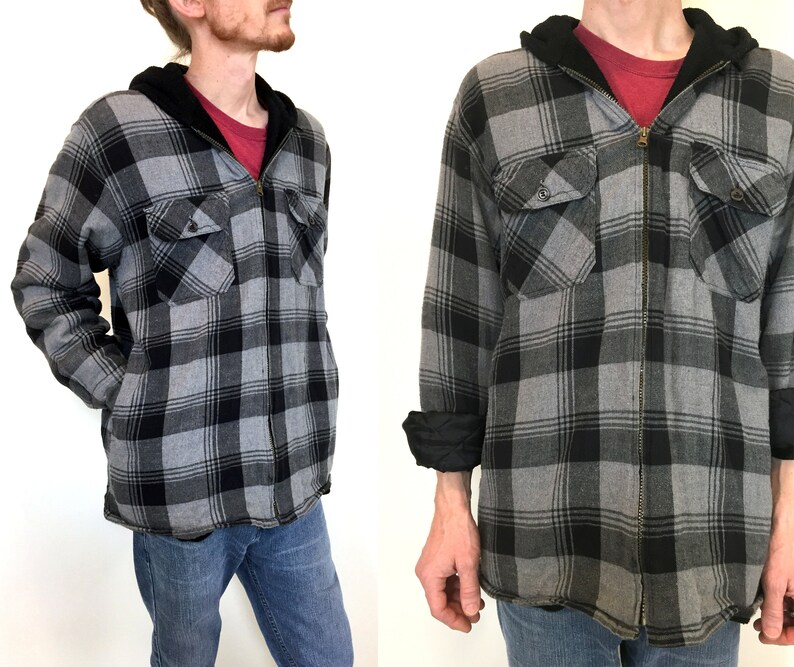 Vintage 90s Gray Black Plaid Flannel Jacket Fleece Lined Image 0