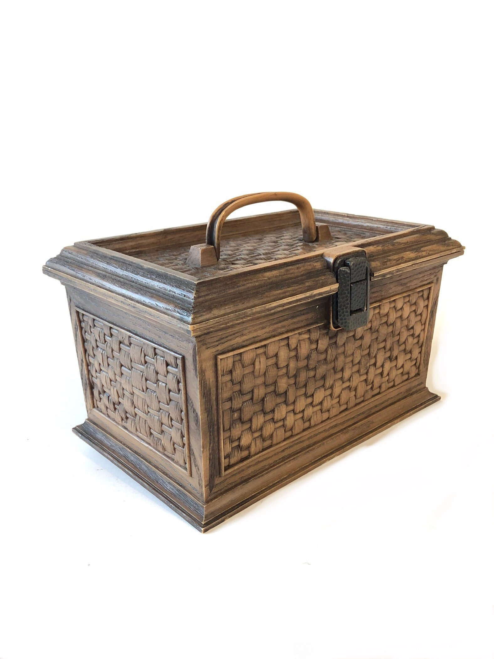 Vintage 70s Plastic SEWING BASKET Brown Lerner Brand Faux Wood Wicker Carry  CASE Storage Box Tiered Tray Train Cosmetics Make up Craft Bin 