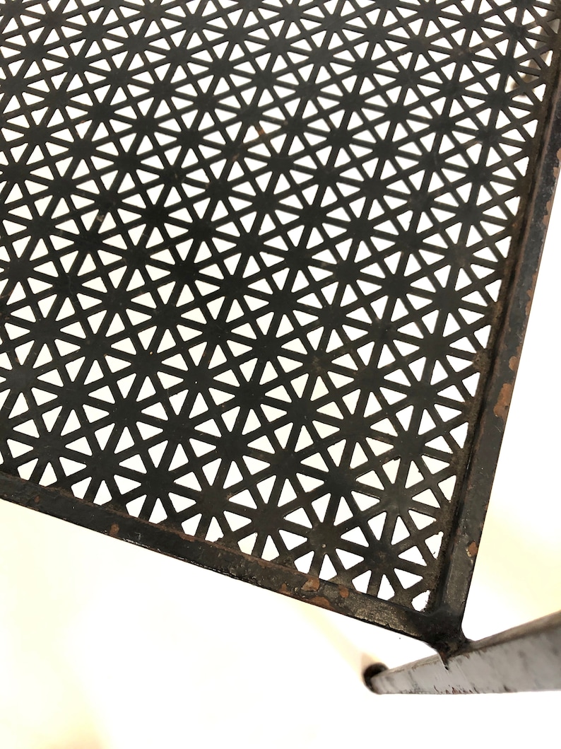 Vintage 50s black metal wire mesh TV stand end table plant shelf adjustable record player swivel top mid century modern retro furniture